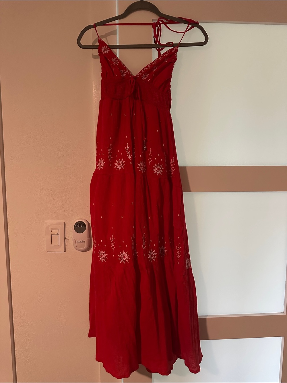 Amazon Red Embroidered Spaghetti-Strap Slip Dress